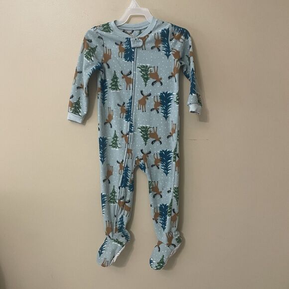 Just One You Long Sleeve Footed Pajamas Full Zip Christmas Green With Moose 3T - Picture 2 of 7